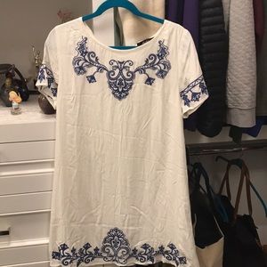 tale to tell blue and ivory embroidered shift dress